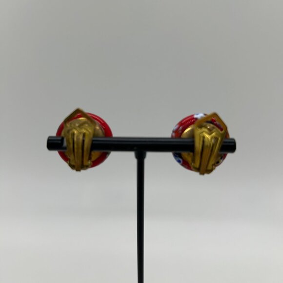 Vintage Red Venetian Glass Clip-On Earrings With Gold Tone Backs 3/4" Diameter - Picture 13 of 16